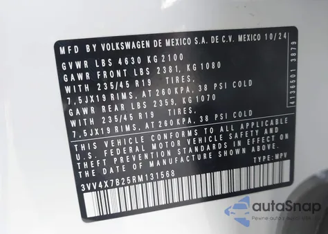 2024 Volkswagen Taos 1.5T Sel из США, поврежденный, VIN 3VV4X7B25RM131568